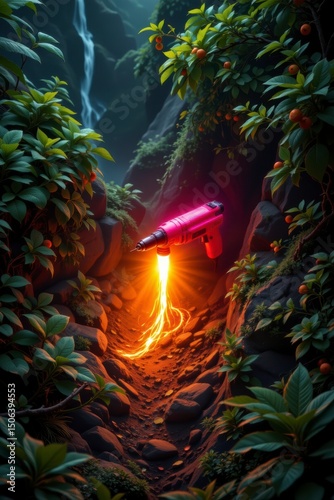 Pink Rocket Launching Orange Fire Stream in Lush Jungle Waterfall Setting
