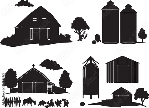 Black and White Farm Silhouette Vector: Barns, Silos, Animals, and Rural Landscape Graphics