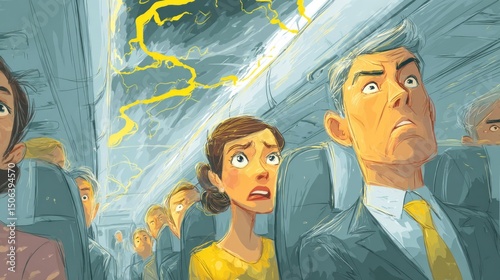 Turbulent flight experience airplane cabin illustration stormy weather passenger perspective fear and anxiety