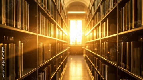 Golden sunlight in a library hallway