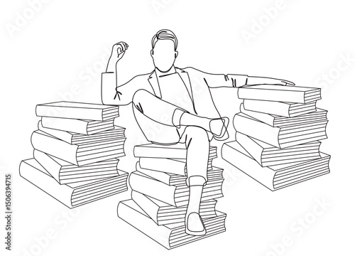 continuous one line art of a man sitting relaxed on top of three large stacks of books. vector illustration