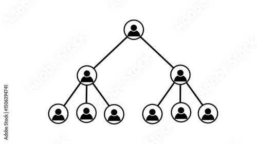 Dynamic Work Organizational Chart enthusiastically discussing sales charts on presentation board, Can be used to represent organizational corruption bankruptcy, multilevel scam or hierarchy collapse