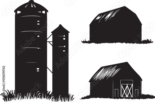 Farm Silhouettes: Barns, Silos, Rural Landscape, Vector Illustration, Black and White Farm Buildings