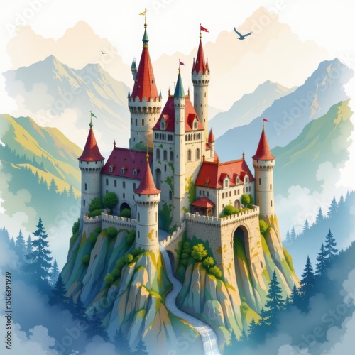 Majestic Stone Castle on Mountaintop with Red Roofs and Forest