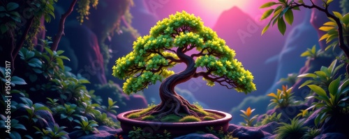 Serene Bonsai Tree in a Vibrant Sunset Landscape