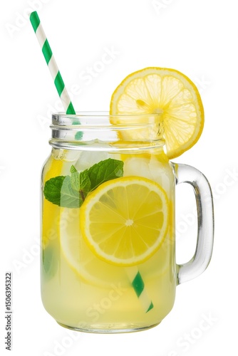 Lemon and mint infused drink served in a mason jar with a striped straw