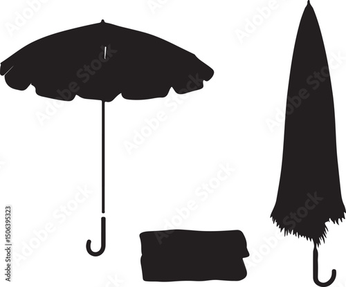 Black Silhouette of Open & Closed Umbrellas with Rectangular Shape Vector Graphic