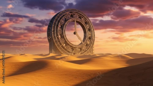 Ornate clock in desert landscape at sunset