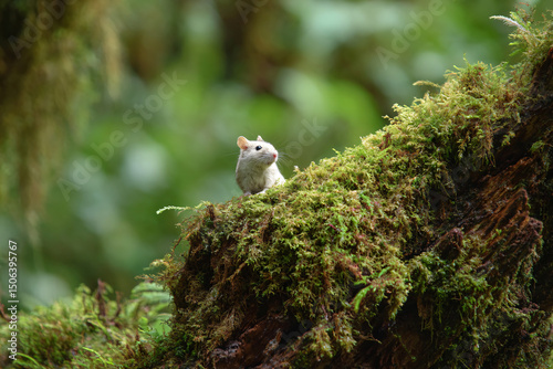 a small mouse sitting on top of a moss covered tree