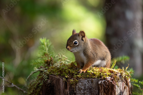 a squirrel sitting on a stump in the woods