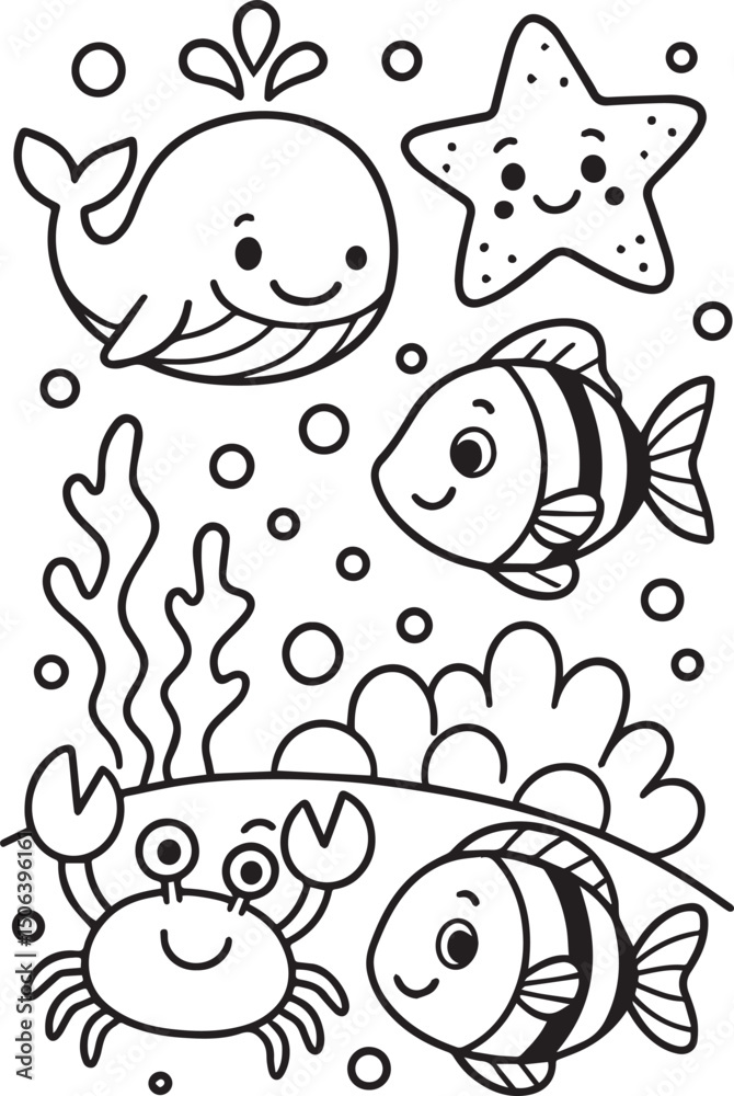 Fototapeta premium Printable coloring page for World Ocean Day concept