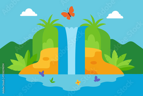 Tropical Waterfall Oasis with Butterflies and Lagoon Vector Art