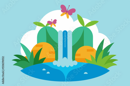 Tropical Waterfall Oasis with Butterflies and Lagoon Vector Art