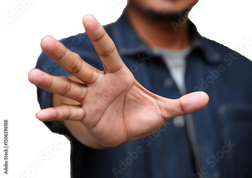 Male stretch out his hand like grab something or threaten someone, Isolated on Transparent or White Background