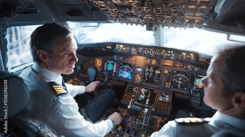 Flight training session pilots in cockpit airline industry digital photography professional environment dynamic perspective