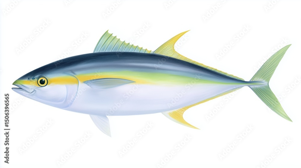 Fototapeta premium Hand drawn coloured pencil image of a Yellowtail Kingfish, isolated on white background