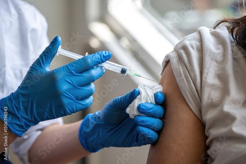 A medical professional administering a vaccine injection in a patient's arm.
