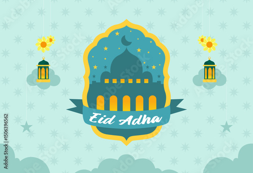 Eid al-Adha Mubarak Greeting Template with Islamic Decorations