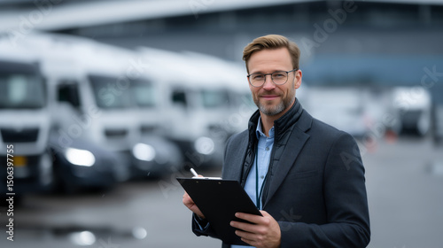Confident manager holding clipboard standing in front of parked trucks at dealership representing fleet sales and management operations. 