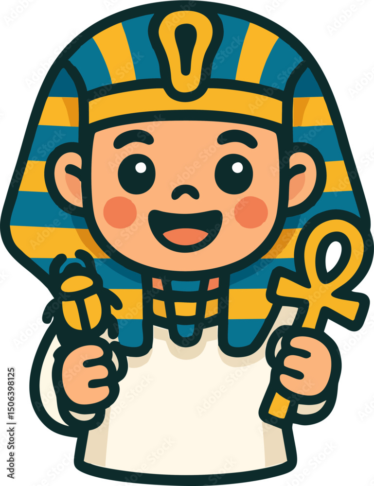Naklejka premium Cute Chibi Egyptian Pharaoh Holding Ankh and Scarab – Vector Illustration
