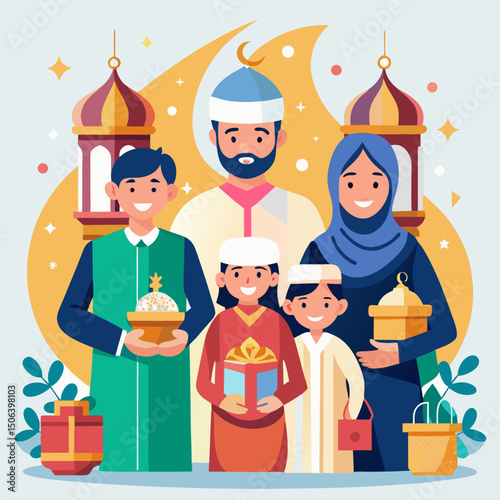 Big family staying together illustration concept shows lovely family that has different ages standing together with love symbol among the beautiful of nature