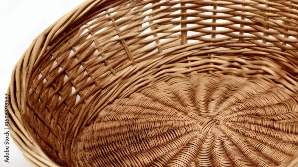 Close-up of an empty round woven wicker basket sitting on a white surface, viewed from a low angle and lit with bright lighting.
