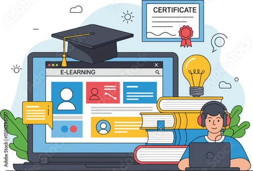 Design a modern flat vector illustration representing online learning and education..eps