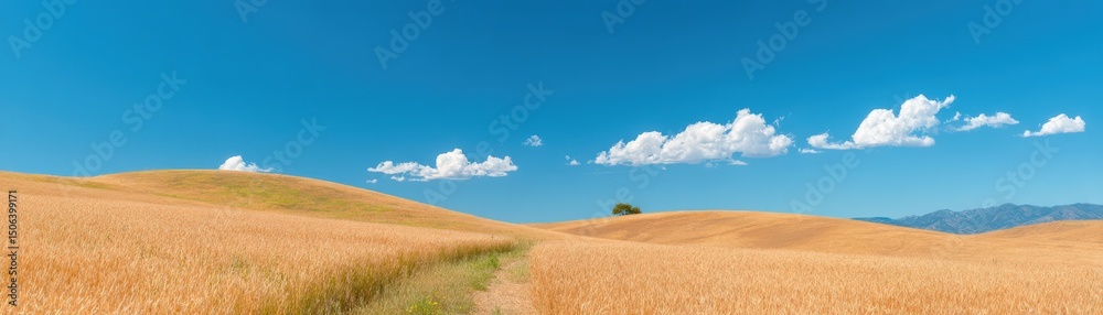 Fototapeta premium Rolling Hills Vista: The panoramic expanse of rolling golden hills, dotted with sparse trees and a path, unfolds beneath a vibrant, cloud-studded blue sky.