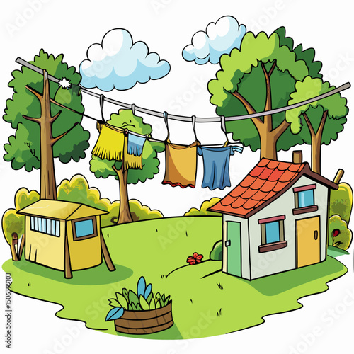 village laundry scene with clothes drying on string between two trees