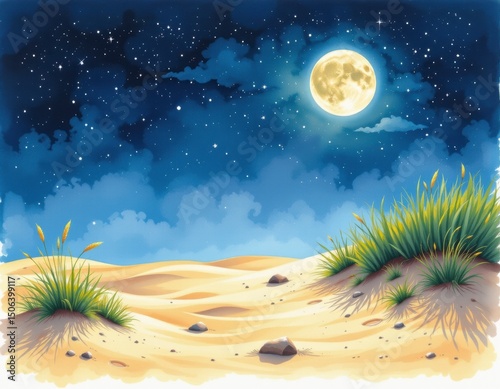 Serene Desert Night Landscape Under Full Moon and Starry Sky