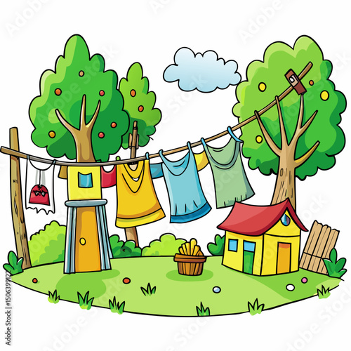 village laundry scene with clothes drying on string between two trees