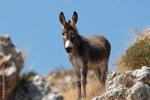 a donkey standing on a rocky hill with a blue sky in the background