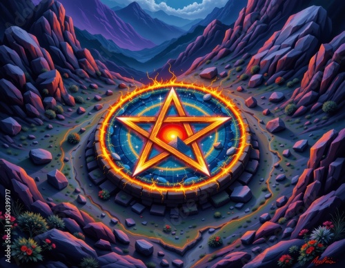Burning Pentagram Ritual in Mountainous Landscape