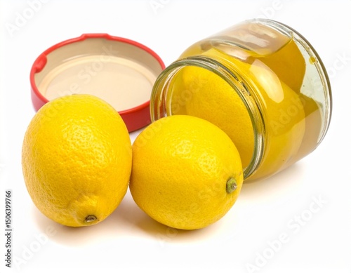 Moroccan preserved lemons in jar isolated on white background for cooking or Mediterranean concept