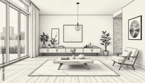 Modern Minimalist Living Room Sketch Monochrome Design
