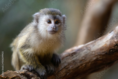 a small monkey sitting on a branch of a tree