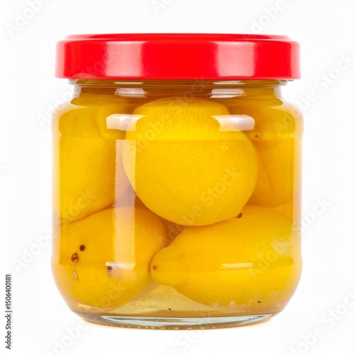 Moroccan preserved lemons in jar isolated on white background for cooking or Mediterranean concept