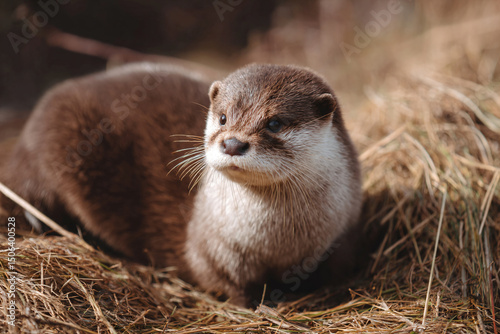 a small otter sitting on top of a pile of hay