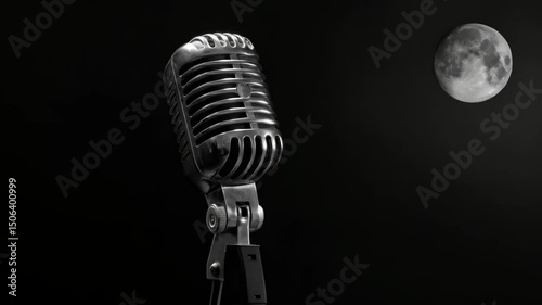 Vintage metal microphone with stand on a black background, illuminated by full moon, creating a dramatic and timeless atmosphere.