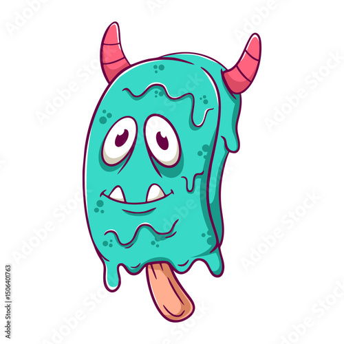Cartoon ice cream monster with green face and horns