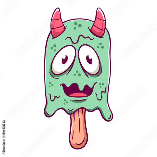 Cartoon ice cream monster with horns and a mouth that is open