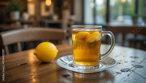 Lemon tea on the wooden table with blurred cafe interior background