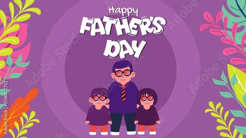 Animated 4K Father's Day greeting featuring a smiling dad with two kids, all wearing sunglasses. Set against a purple background with floral borders, the video conveys love and celebration.