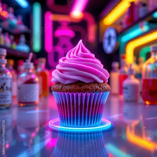 Pink Frosted Cupcake on Glowing Stand in Neon Lit Bar