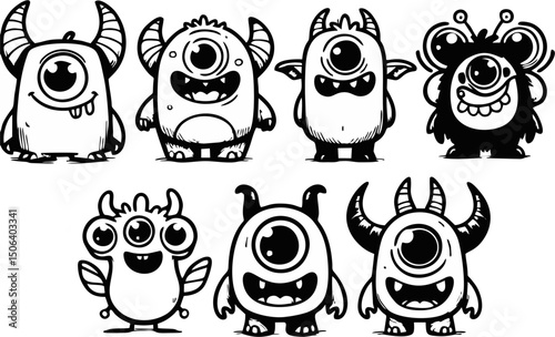 Set of Cute One-Eyed Cartoon Monsters – Black and White Vector Characters