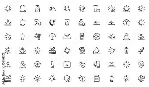 Sun protection line icon set. Containing sunglasses, sunscreen, sunblock, beach umbrella and more solid icons. Collection and pack of linear web and ui icons. Editable stroke. Vector illustration