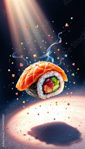 Floating Salmon Sushi Roll with Colorful Spices under Spotlight