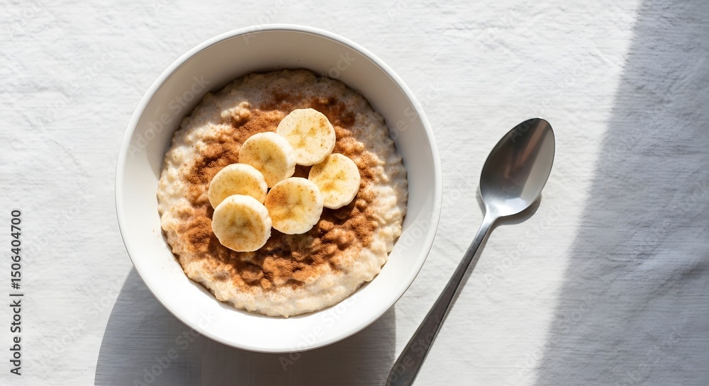 A bowl of oatmeal topped with banana slices and cinnamon, served with a spoon on a white tablecloth under natural sunlight, a simple and healthy breakfast. A bowl of oatmeal topped with banana slices and cinnamon, served with a spoon on a white tablecloth under natural sunlight, a simple and healthy breakfast.