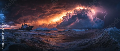 dramatic storm at sea where a ship fights against towering waves, and a distant lighthouse glows faintly through the fog, Generative AI
