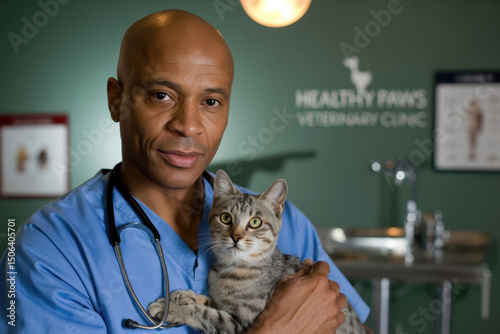 Veterinarian Holding Cat in Clinic photo